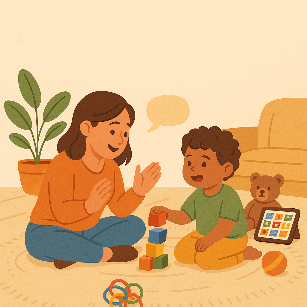 Mother and child playing with blocks on a rug during a speech therapy session in a warm, cozy home setting.